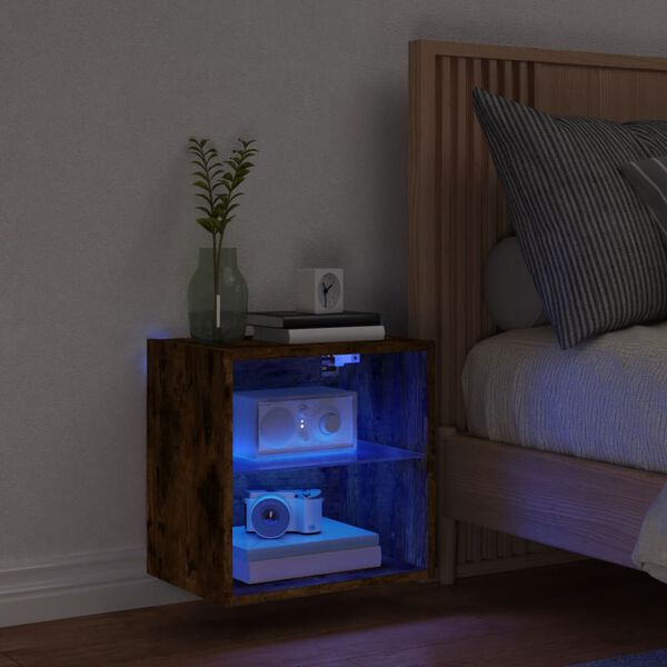 vidaXL Table de chevet murale avec lumi&egrave;res LED ch&ecirc;ne fum&eacute;