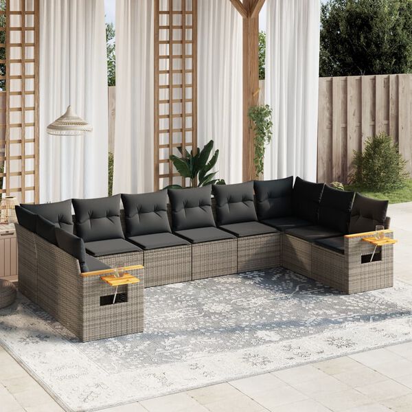 vidaXL Salon de jardin avec coussins 10 pcs gris r&eacute;sine tress&eacute;e