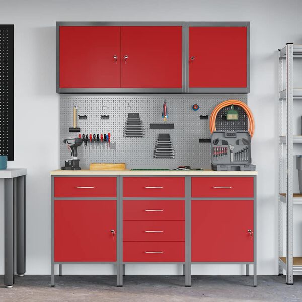 vidaXL Placard de travail 8 pcs Rouge Bois d'ing&eacute;nierie et acier