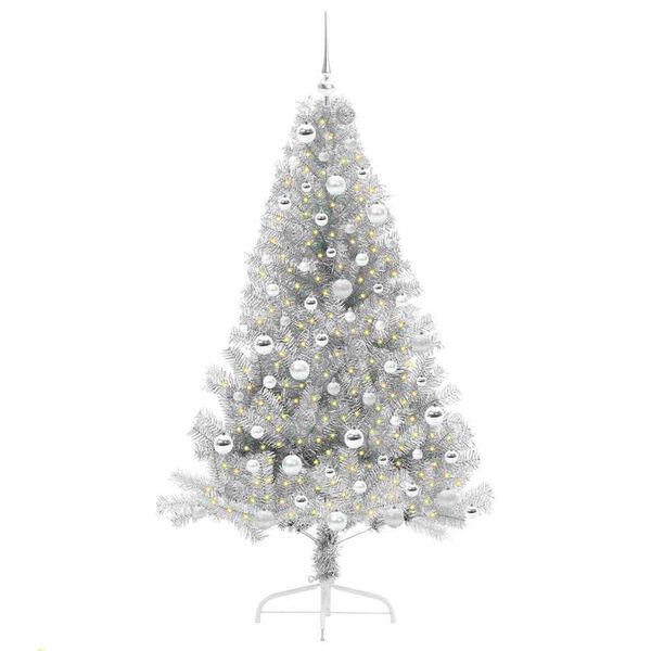 vidaXL Sapin de No&euml;l artificiel pr&eacute;-&eacute;clair&eacute; Argent 180 cm PET