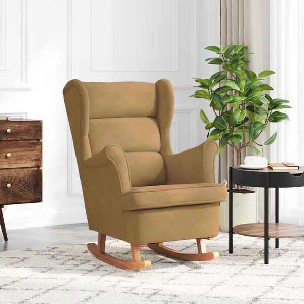 vidaXL Fauteuil à bascule à oreilles en velours marron bois massif