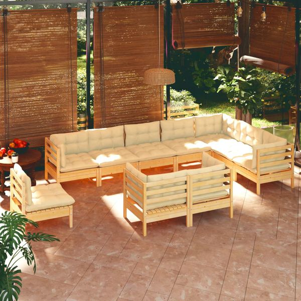 vidaXL Salon de jardin 10 pcs avec coussins cr&egrave;me bois de pin massif
