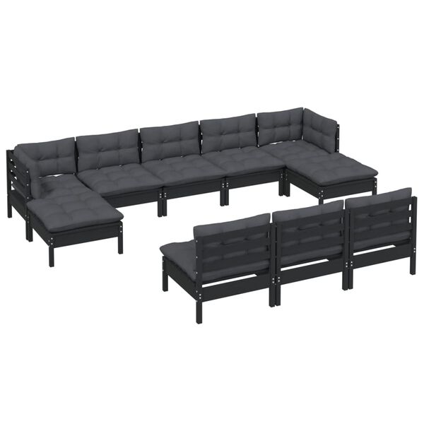 vidaXL Salon de jardin 10 pcs avec coussins Noir Bois de pin