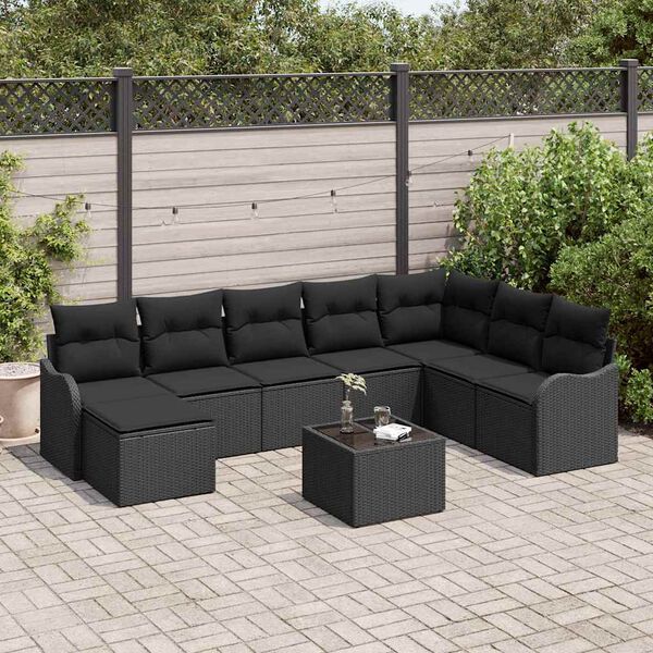 vidaXL Ensemble de canap&eacute; de jardin avec coussin 9 pcs Noir Poly rotin