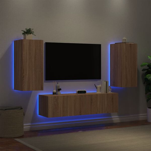 vidaXL Unit&eacute;s murales TV avec LED 4 pcs ch&ecirc;ne sonoma bois d'ing&eacute;nierie