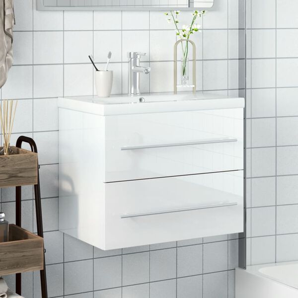 vidaXL Armoire lavabo de salle de bain bassin int&eacute;gr&eacute; blanc brillant