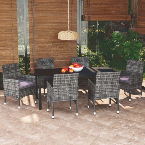 vidaXL Ensemble &agrave; manger de jardin coussins 7pcs R&eacute;sine tress&eacute;e Gris