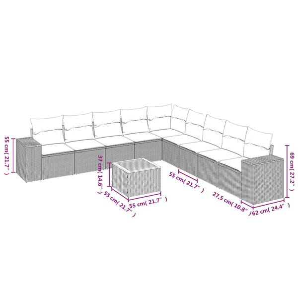 vidaXL Salon de jardin avec coussins 10 pcs gris r&eacute;sine tress&eacute;e
