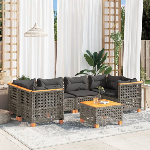 vidaXL Salon de jardin avec coussins 7 pcs gris r&eacute;sine tress&eacute;e