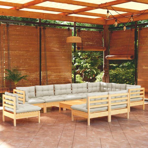 vidaXL Salon de jardin 11 pcs avec coussins cr&egrave;me Bois de pin solide