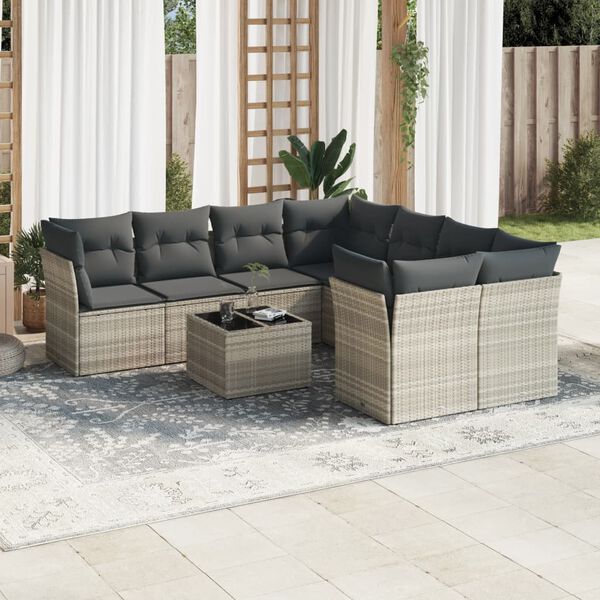 vidaXL Salon de jardin 9 pcs avec coussins gris clair r&eacute;sine tress&eacute;e