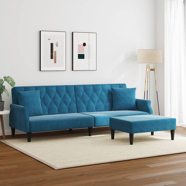 vidaXL Canap&eacute;-lit &agrave; 2 places et oreillers et repose-pied bleu velours