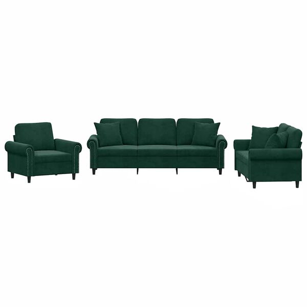 vidaXL Ensemble de canap&eacute;s 3 pcs avec coussins vert fonc&eacute; velours