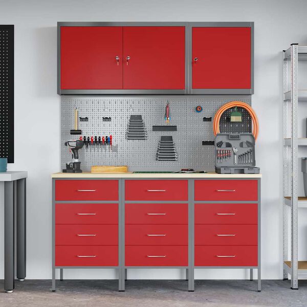 vidaXL Placard de travail 8 pcs Rouge Bois d'ing&eacute;nierie et acier