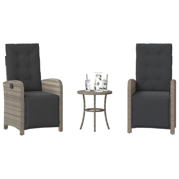 vidaXL Ensemble de bistro 3 pcs avec coussins gris r&eacute;sine tress&eacute;e