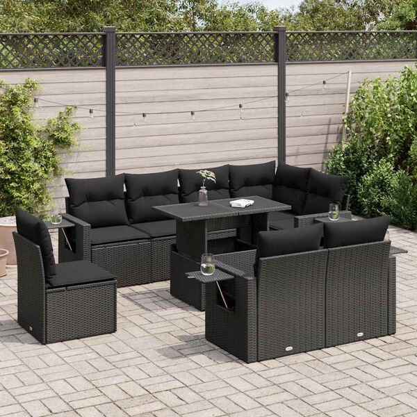 vidaXL Salon de jardin 9 pcs avec coussins noir r&eacute;sine tress&eacute;e
