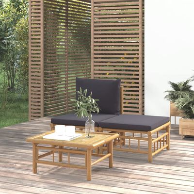 vidaXL Salon de jardin 3 pcs avec coussins gris foncé bambou