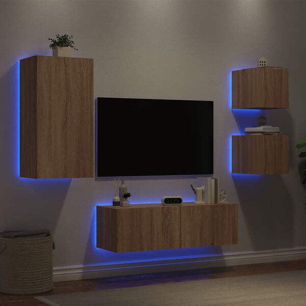 vidaXL Meuble TV muraux 4 pcs avec lumi&egrave;res LED ch&ecirc;ne sonoma