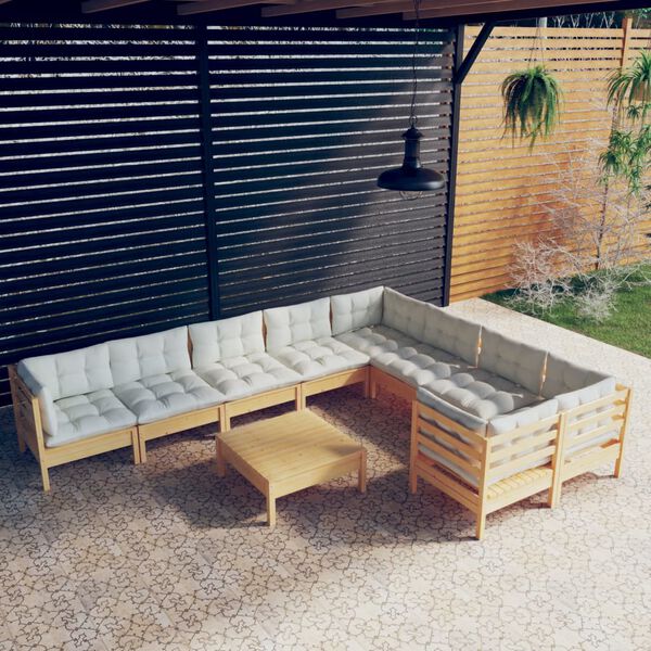 vidaXL Salon de jardin 10 pcs avec coussins cr&egrave;me Bois de pin