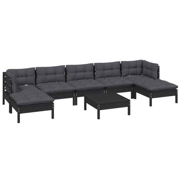 vidaXL Salon de jardin 8 pcs avec coussins Noir Bois de pin