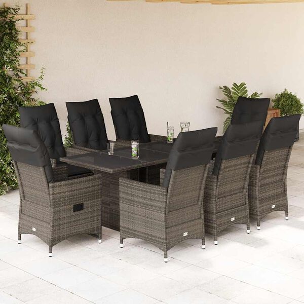 vidaXL Ensemble &agrave; manger de jardin 9 pcs coussins gris r&eacute;sine tress&eacute;e