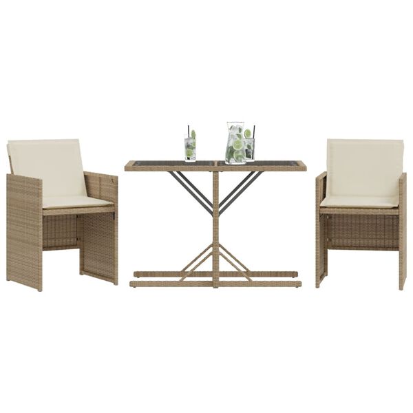 vidaXL Ensemble de bistro 3 pcs avec coussins beige r&eacute;sine tress&eacute;e