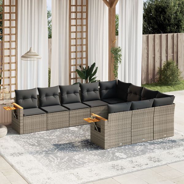 vidaXL Salon de jardin avec coussins 10 pcs gris r&eacute;sine tress&eacute;e