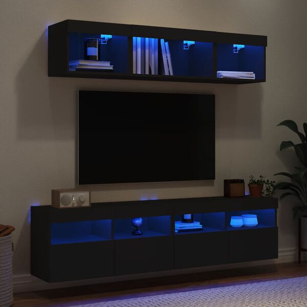 vidaXL Unit&eacute;s murales TV avec LED 5 pcs noir bois d'ing&eacute;nierie