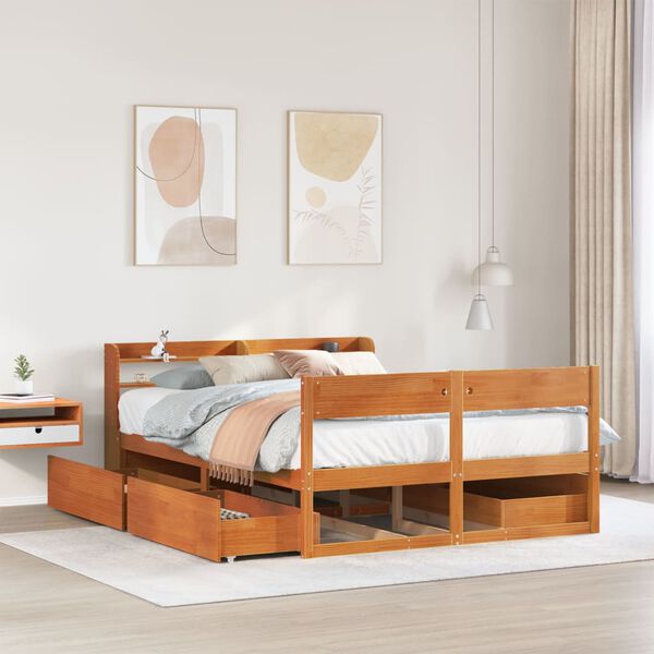 vidaXL Cadre de lit sans matelas cire marron 135x190cm bois pin massif