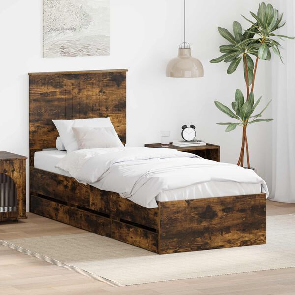 vidaXL Cadre de lit avec tiroir Ch&ecirc;ne fum&eacute; 75 x 190 cm Bois Ing&eacute;nierie