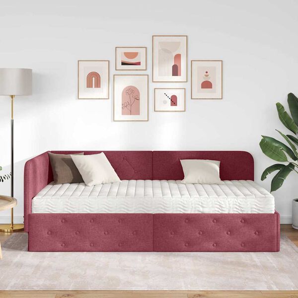 vidaXL Cadre de lit d'angle avec matelas Bordeaux 90 x 190 cm tissu