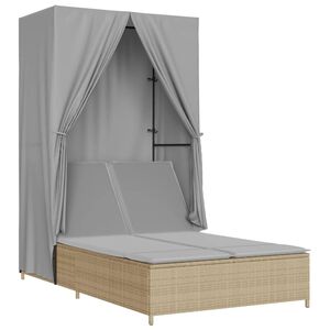 vidaXL Chaise longue double avec toit et rideaux beige r&eacute;sine tress&eacute;e
