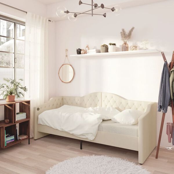 vidaXL Lit avec matelas et &eacute;clairage USB Cr&egrave;me Tissu 90x200 cm