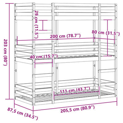 vidaXL Lit superposé triple sans matelas 80x200 cm bois de pin massif