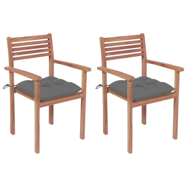 vidaXL Chaises de jardin lot de 2 et coussins gris Bois de teck massif