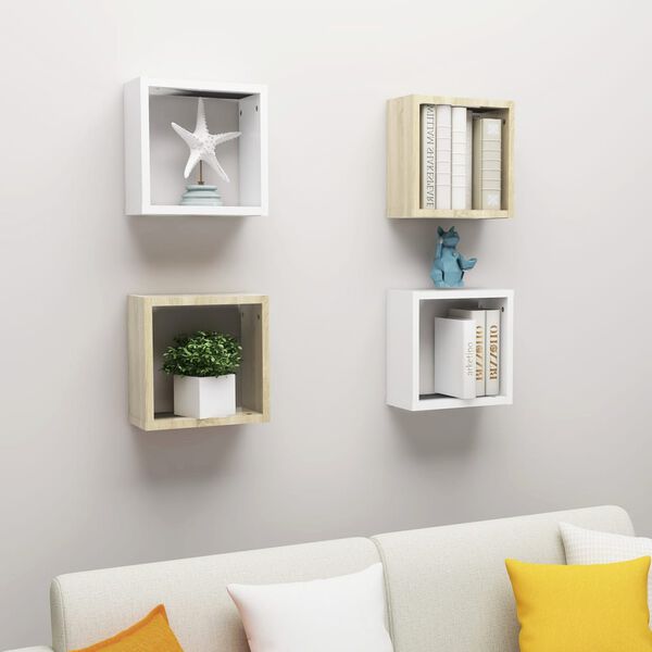 vidaXL &Eacute;tag&egrave;res cube murales 4 pcs Blanc et ch&ecirc;ne sonoma 30x15x30 cm