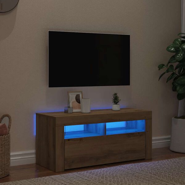 vidaXL Meuble TV avec lumi&egrave;res LED ch&ecirc;ne artisanal bois d'ing&eacute;nierie