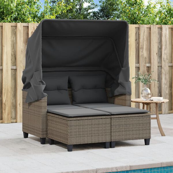 vidaXL Canap&eacute; de jardin 2 places avec auvent et tabourets gris rotin