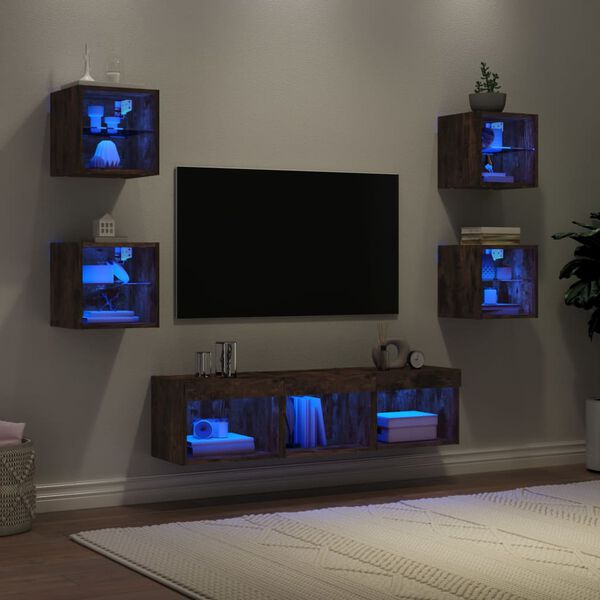 vidaXL Unit&eacute;s murales TV avec LED 7 pcs ch&ecirc;ne fum&eacute; bois d'ing&eacute;nierie