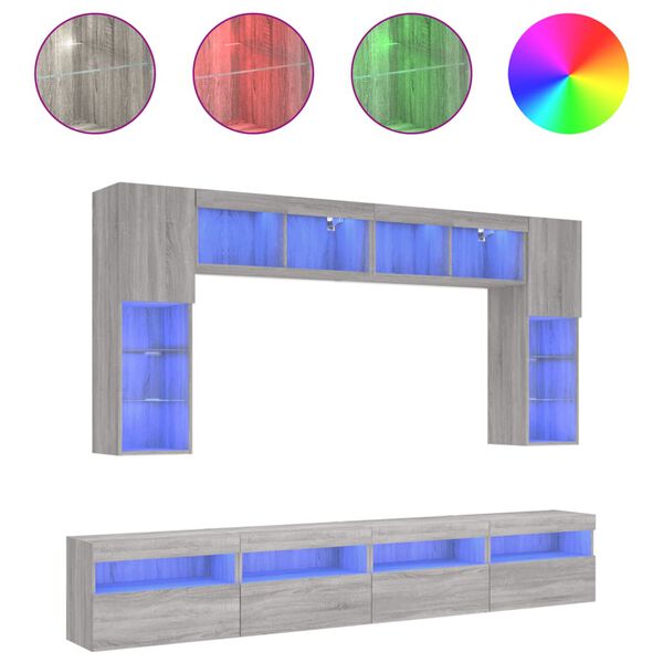 vidaXL Ensemble de meubles TV muraux 8 pcs et lumi&egrave;res LED sonoma gris