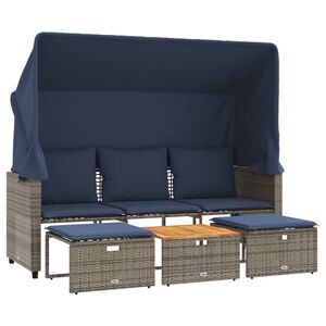vidaXL Canap&eacute; de jardin 3 places avec auvent et poufs gris r&eacute;sine tress&eacute;e