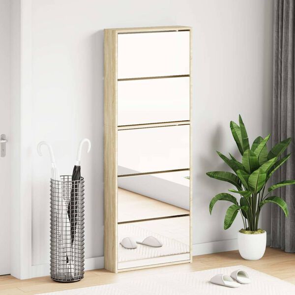 vidaXL Meuble &agrave; chaussures 5 &eacute;tag&egrave;res et miroir 63x17x169,5 cm Ch&ecirc;ne