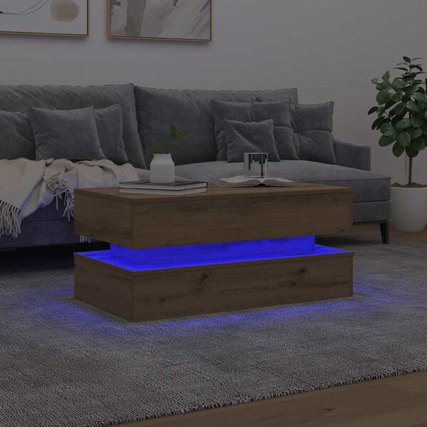 vidaXL Table basse avec lumi&egrave;res LED ch&ecirc;ne artisanal 90x50x40 cm