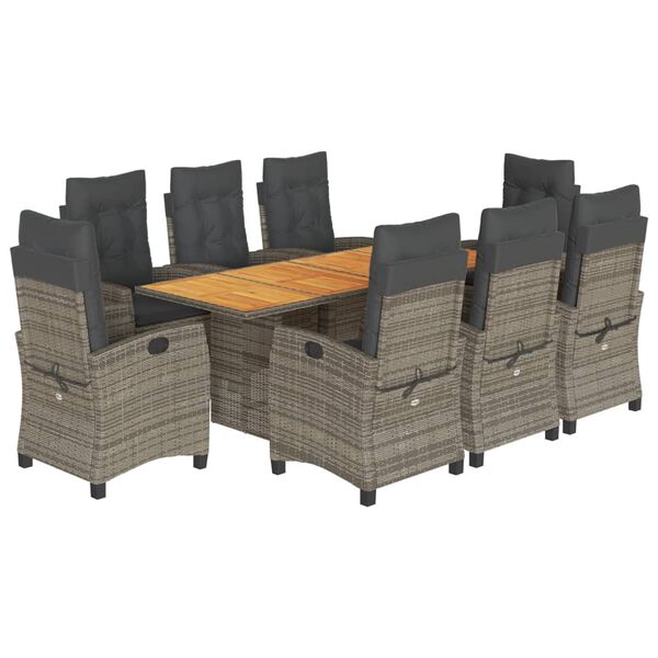 vidaXL Ensemble &agrave; manger de jardin 9 pcs coussins gris r&eacute;sine tress&eacute;e