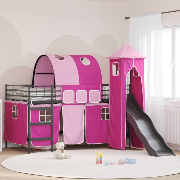 vidaXL Lit mezzanine pour enfants Noir et rose 100 x 200 cm M&eacute;tал