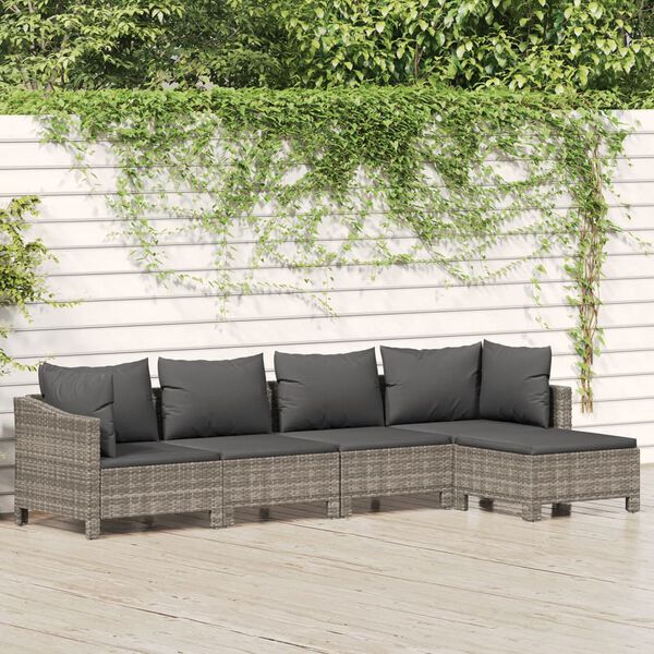 vidaXL Salon de jardin 5 pcs avec coussins Gris R&eacute;sine tress&eacute;e