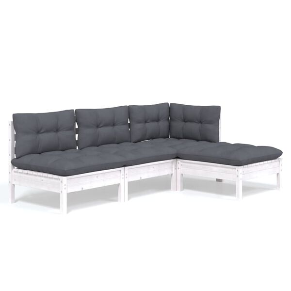 vidaXL Salon de jardin 4 pcs avec coussins blanc bois de pin