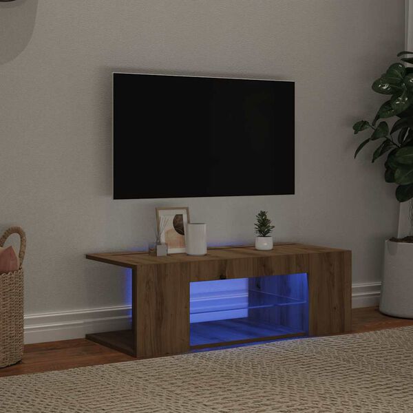 vidaXL Meuble TV avec lumi&egrave;res LED ch&ecirc;ne artisanal bois d'ing&eacute;nierie