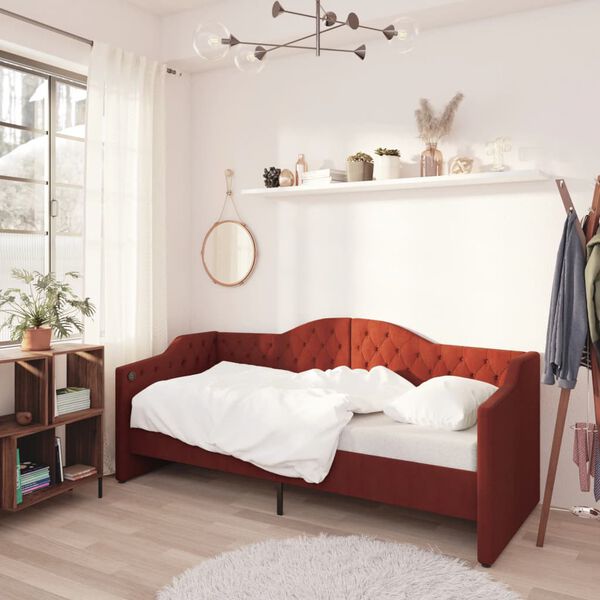 vidaXL Lit avec &eacute;clairage USB Rouge bordeaux Tissu 90x200 cm