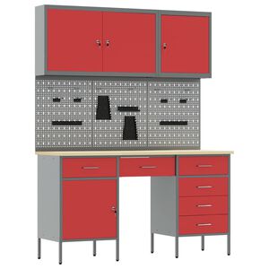 vidaXL Placard de travail 8 pi&egrave;ces Rouge Bois d'ing&eacute;nierie et acier